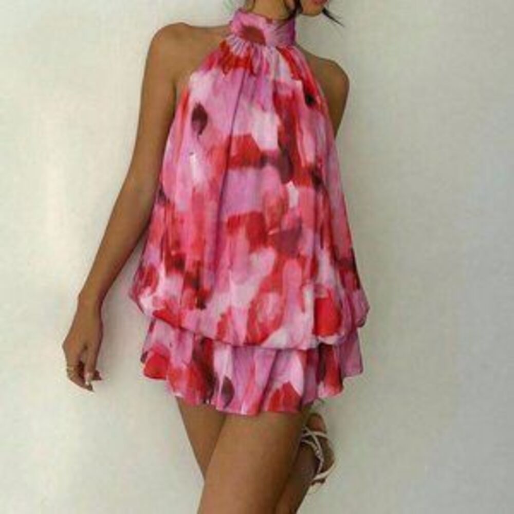 Multicolor Boho Women's Elegant Brushstroke Backless Mini Dress - Picture 5 of 5